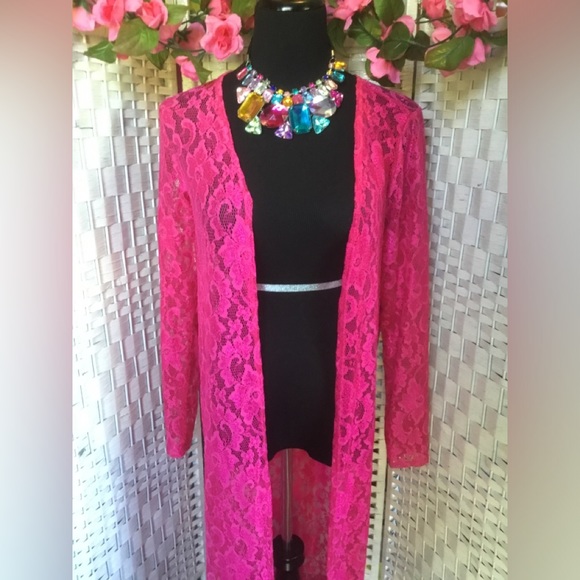 Bebo Fuchsia Pink Lace Kimono Duster Cover up Long Cardigan M / L   NWOT - Picture 2 of 12